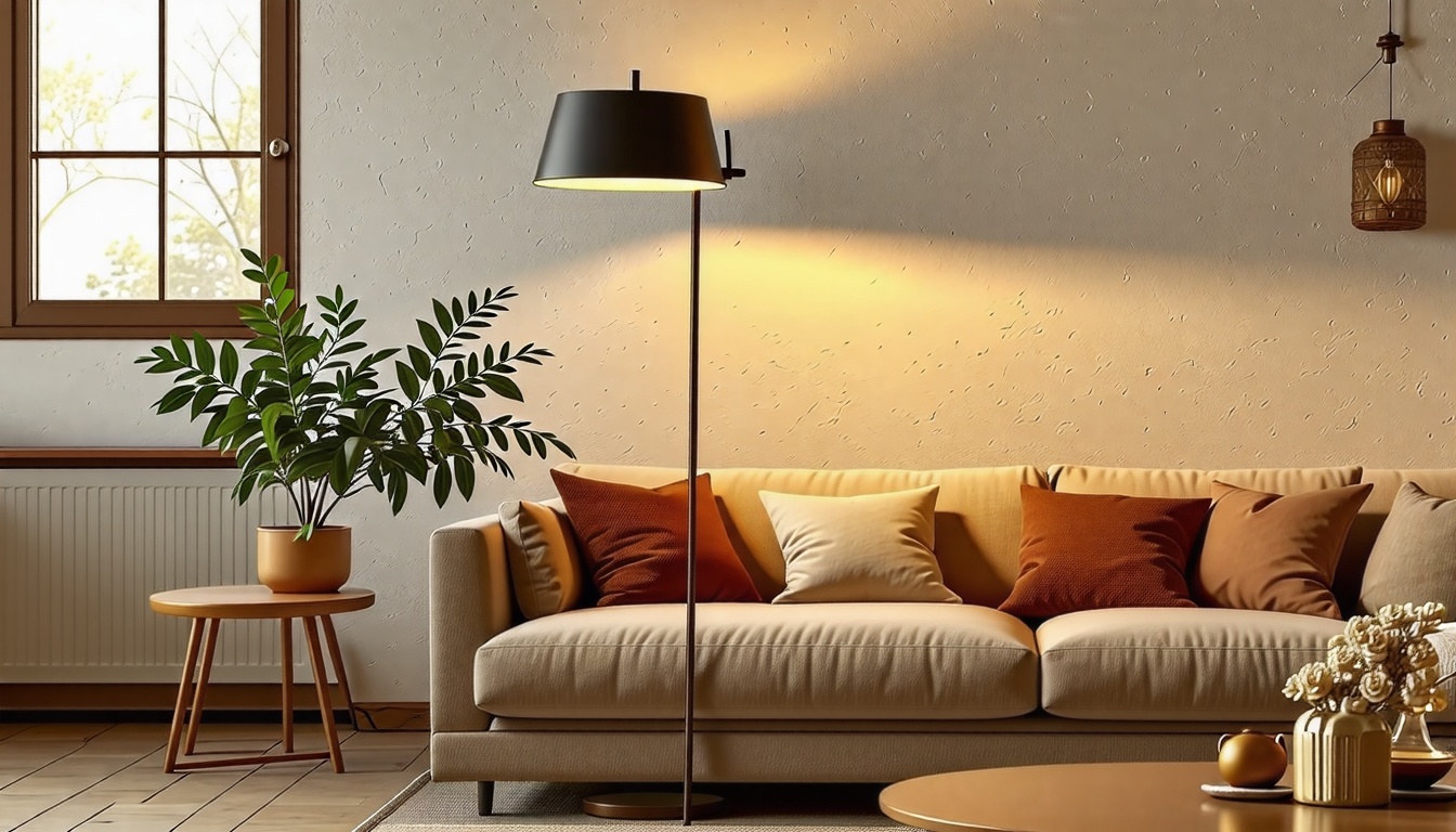 Une lampe sur pied industrielle dans un salon chaleureux, entourée de meubles en bois et de textiles doux, créant une ambiance accueillante avec une lumière douce.
