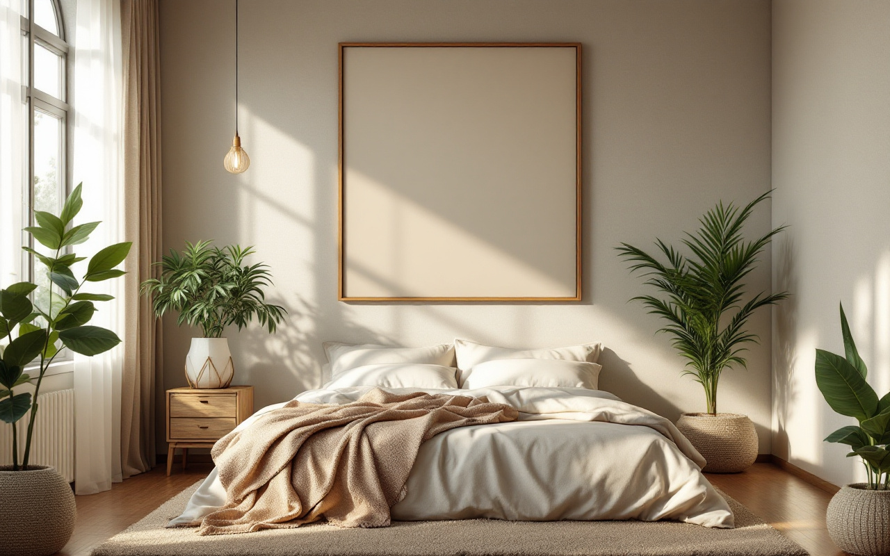 Une œuvre zen placée dans un cadre de chambre sereine, caractérisée par des couleurs douces et une lumière naturelle apaisante, créant une ambiance de tranquillité et de détente.