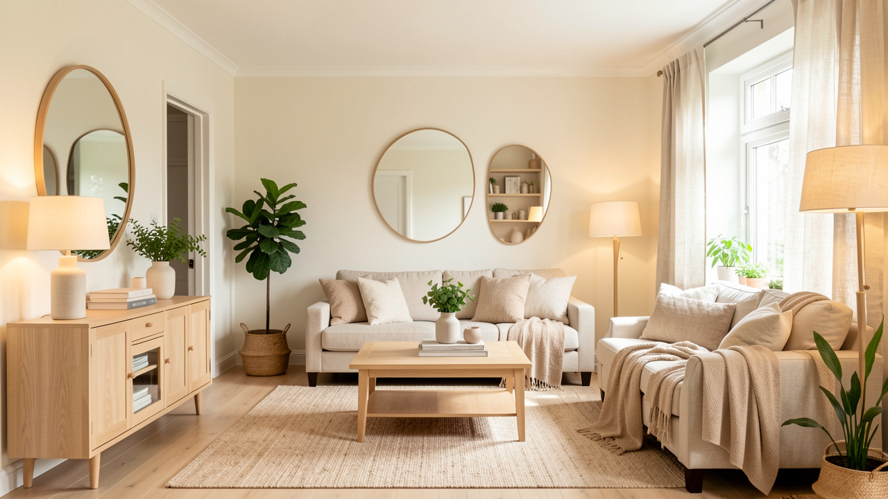 Salon orienté nord décoré dans des tons clairs, avec meubles en bois pâle, textiles beiges, miroirs, plantes vertes et éclairage chaleureux.