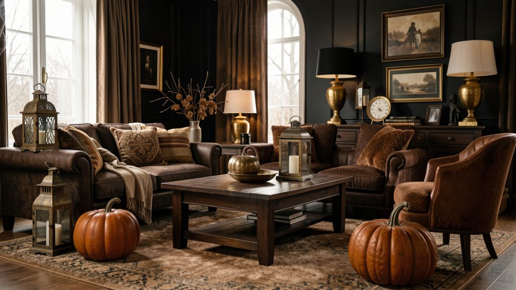Salon élégant décoré pour Halloween avec des courges mates, des lanternes en métal vieilli et des accents dorés patinés dans une lumière tamisée.