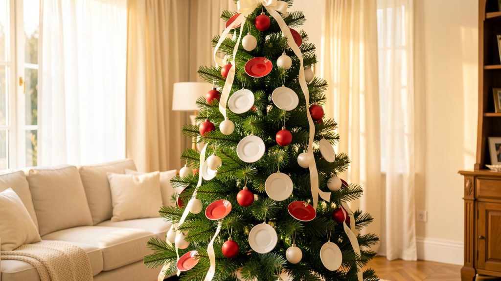 Sapin de Noël élégant décoré de petites assiettes en porcelaine blanche et rouge, de boules mates et de rubans crème dans un salon lumineux et chaleureux.