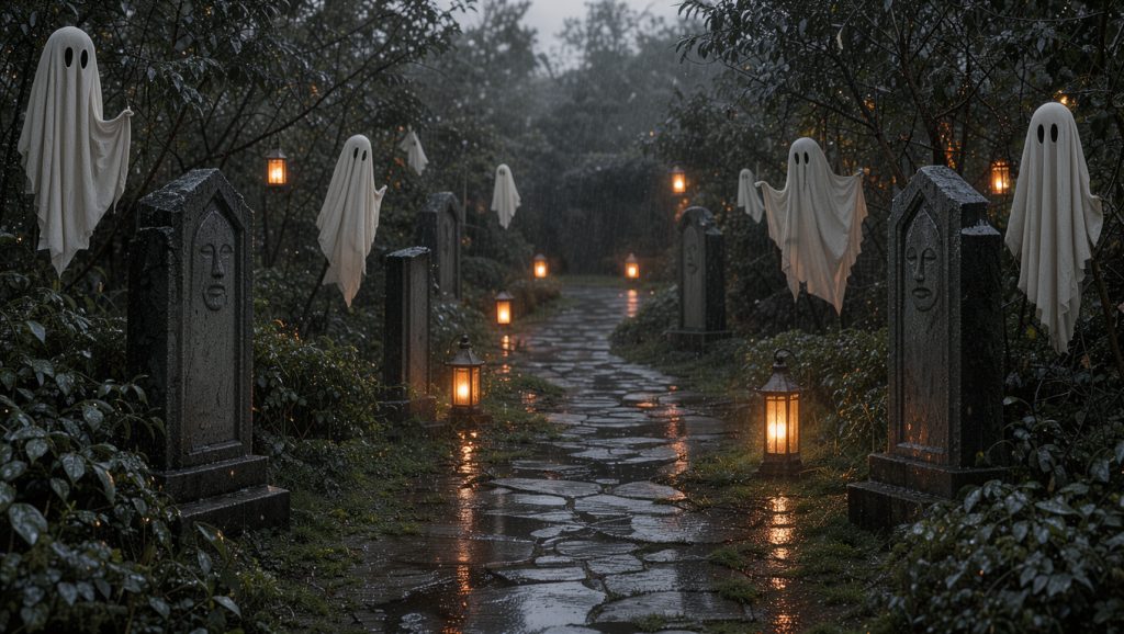 Jardin d’Halloween élégant sous une pluie fine, avec une allée bordée de lanternes lumineuses, des stèles sombres, des fantômes en tissu et des feuillages mouillés.