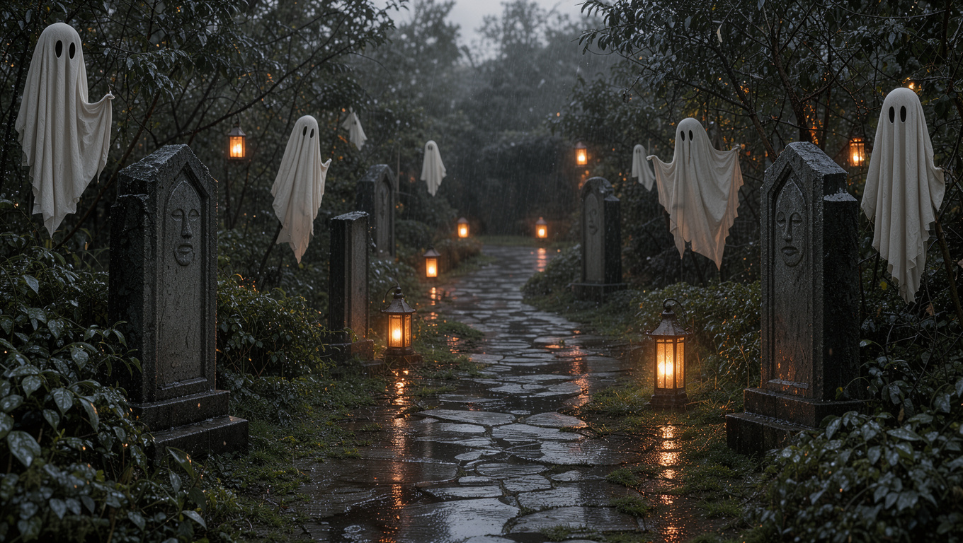 Jardin d’Halloween élégant sous une pluie fine, avec une allée bordée de lanternes lumineuses, des stèles sombres, des fantômes en tissu et des feuillages mouillés.