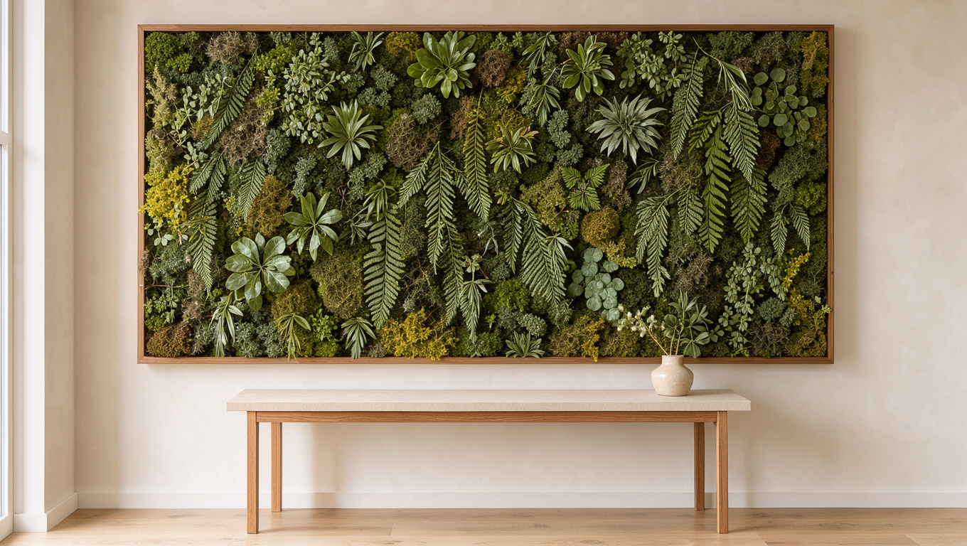 Tableau végétal composé de mousse et de fougères dans un cadre en bois, installé au-dessus d’une console dans un salon moderne lumineux.